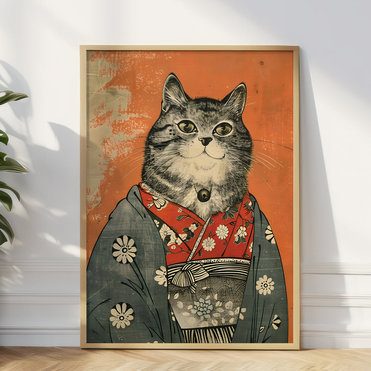 Framed artwork of a cat in traditional Japanese attire on an orange background