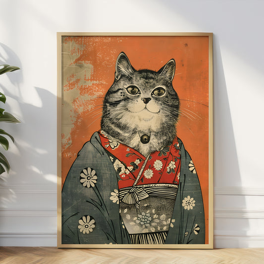 Framed artwork of a cat in traditional Japanese attire on an orange background