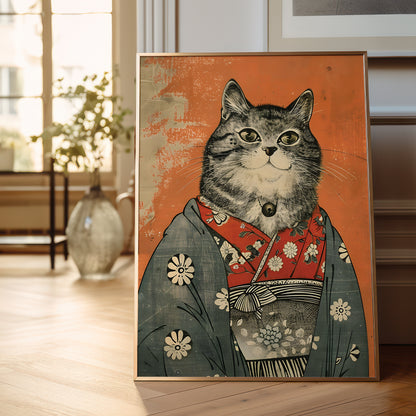 A framed art print featuring a stylized cat in traditional Japanese clothing, leaning against a wall on a wooden floor in a softly lit room.