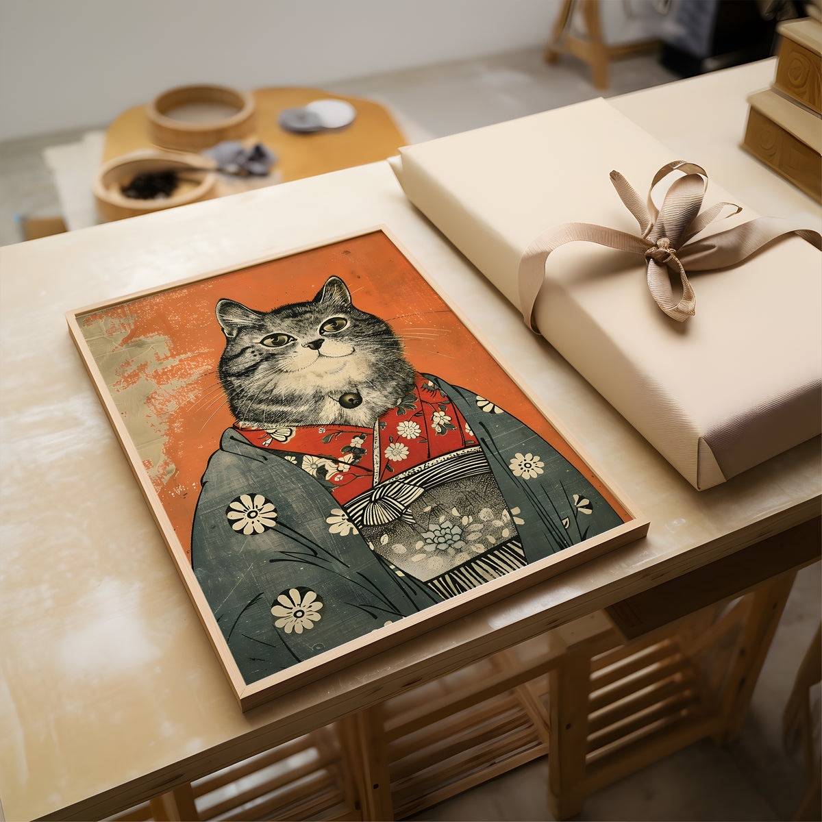 A framed art print featuring a stylized cat in a kimono, displayed on a wooden table next to a wrapped gift box with a beige ribbon.