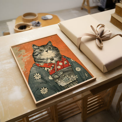 A framed art print featuring a stylized cat in a kimono, displayed on a wooden table next to a wrapped gift box with a beige ribbon.