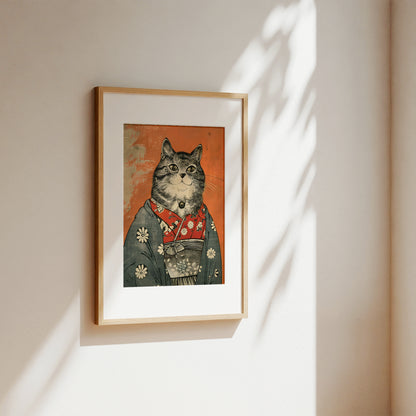 A framed art print featuring a stylized cat in a kimono hanging on a beige wall with soft sunlight and leaf shadows.