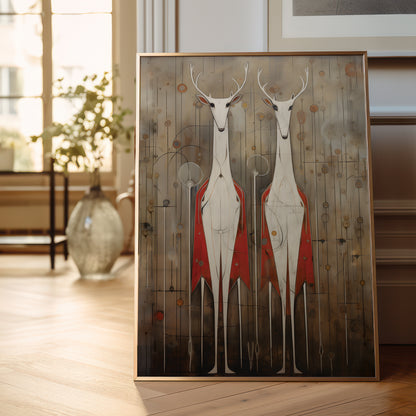 A framed art print depicting two stylized white deer with red wing-like shapes, leaning against a wall on a light wood floor in a softly lit room.