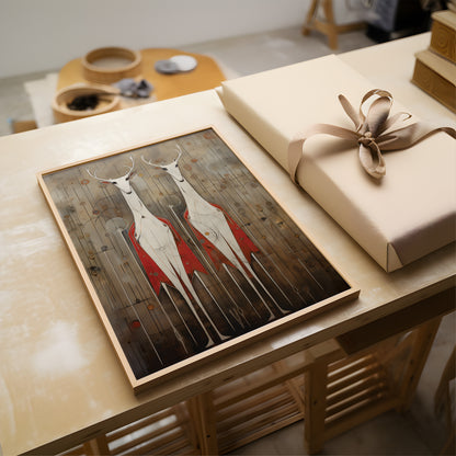 A framed art print featuring two stylized deer with white bodies and red wings on a rustic wood background, displayed on a light wooden table next to a wrapped gift box with a beige ribbon.
