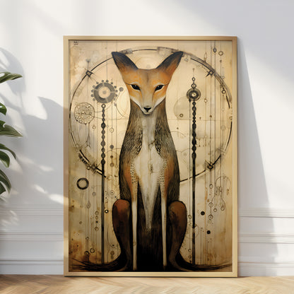 A framed vertical art print featuring a stylized fox seated in front of ornate circular and gear-like line illustrations, leaning against a white wall on a light wood floor with a plant partially visible at the left edge.