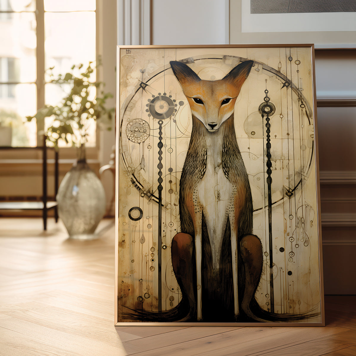 A framed art print featuring a detailed illustration of a fox with mechanical gears and cogs, displayed on a wooden floor in a bright, modern room.