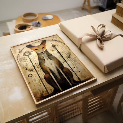 A framed art print featuring a detailed illustration of a fox with vintage mechanical and celestial motifs, styled on a wooden table next to a wrapped gift box.