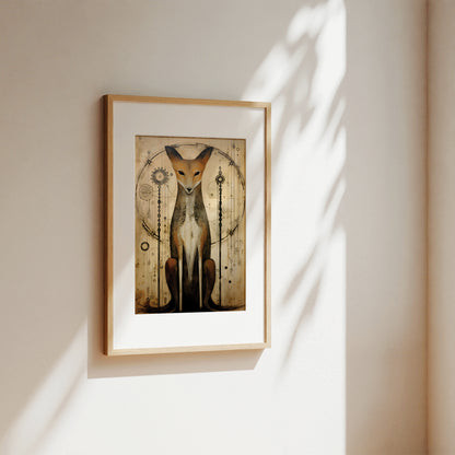A framed art print featuring a stylized fox illustration, displayed on a warm beige wall with soft sunlight and leaf shadows casting across it.