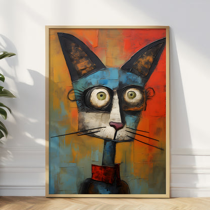 A framed vertical canvas painting of a stylized cat face, leaning against a white wall on a light wood floor. The painting features a blue and gray cat head with large green eyes, set against a textured background of orange, red, and yellow blocks, enclosed in a light wood frame.