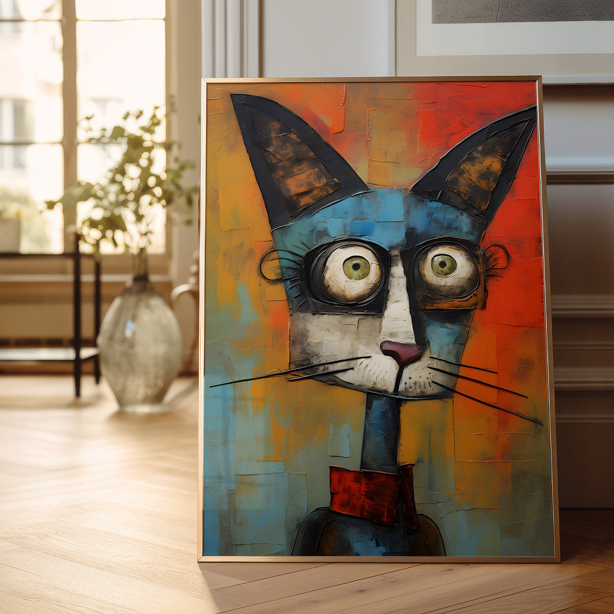 A framed colorful painting of a stylized cat face leaning against a wall in a bright interior room. The artwork features a blue, orange, red, and gray cat with large green eyes and black ears, shown in a thin light wood frame.