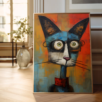 A framed colorful painting of a stylized cat face leaning against a wall in a bright interior room. The artwork features a blue, orange, red, and gray cat with large green eyes and black ears, shown in a thin light wood frame.