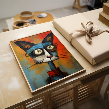 A colorful framed art print of a stylized blue cat with glasses, displayed on a wooden table next to a wrapped gift box.