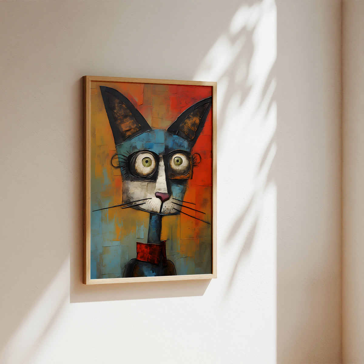 A framed abstract cat painting hanging on a warm off-white wall, with sunlight casting leaf shadows across the surface. The painting features a stylized cat face with large round eyes, dark ears, and a red collar against a textured orange, blue, and red background.