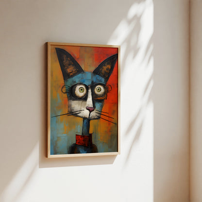 A framed abstract cat painting hanging on a warm off-white wall, with sunlight casting leaf shadows across the surface. The painting features a stylized cat face with large round eyes, dark ears, and a red collar against a textured orange, blue, and red background.