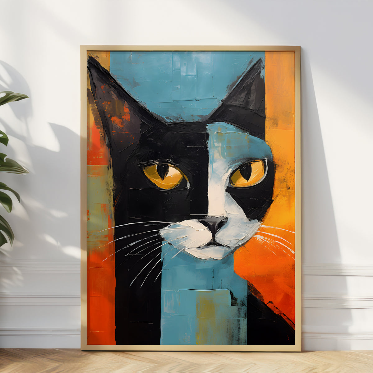 A framed abstract canvas painting of a cat's face, featuring bold blocks of black, light blue, orange, and white, leaning against a white wall on a light wood floor next to a green plant.