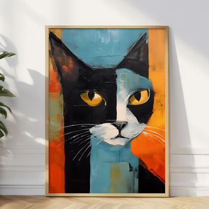 A framed abstract canvas painting of a cat's face, featuring bold blocks of black, light blue, orange, and white, leaning against a white wall on a light wood floor next to a green plant.