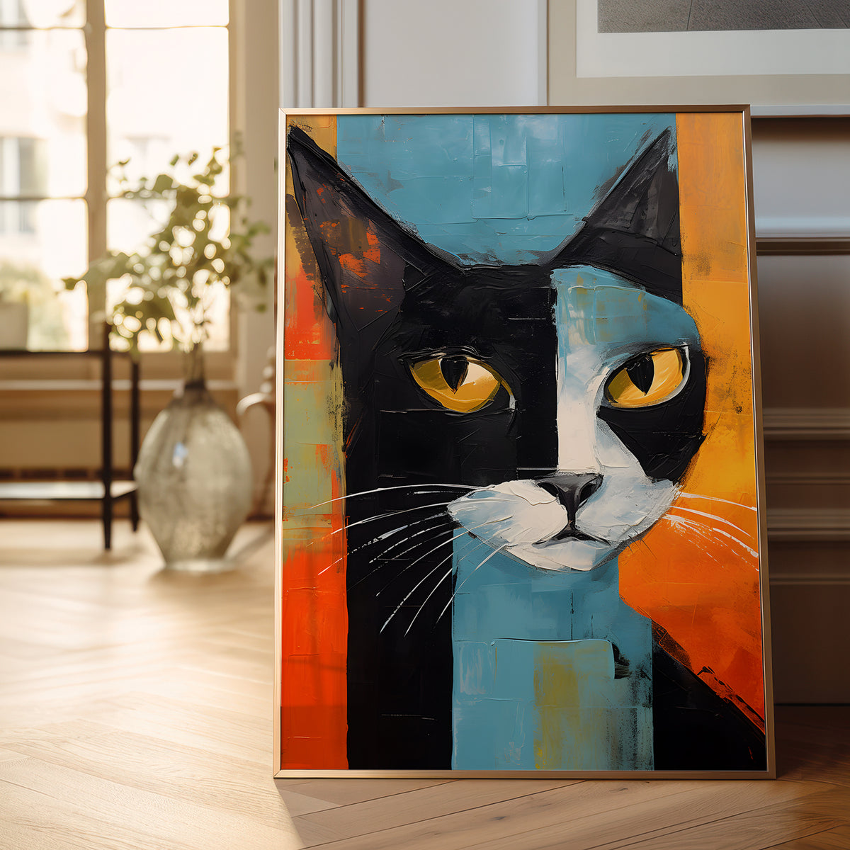 A framed abstract cat portrait painting leaning against a wall on a wooden floor in a bright room. The artwork features a black, blue, orange, white, and yellow cat face with large yellow eyes.