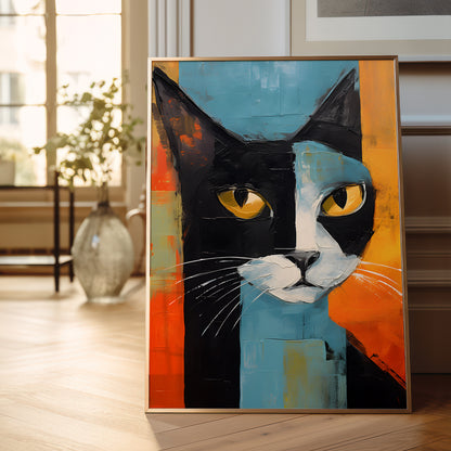 A framed abstract cat portrait painting leaning against a wall on a wooden floor in a bright room. The artwork features a black, blue, orange, white, and yellow cat face with large yellow eyes.