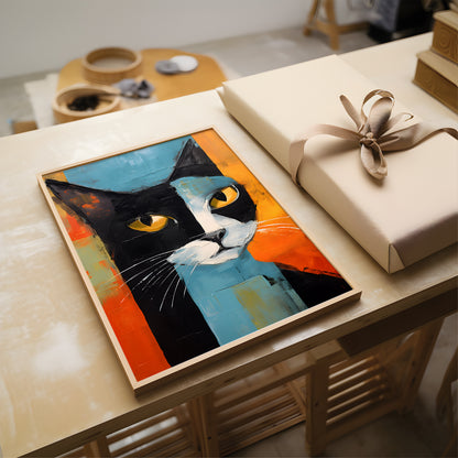 A framed abstract cat painting with bold black, blue, orange, and white brushstrokes sits on a light wood table next to a wrapped gift box with a beige ribbon.