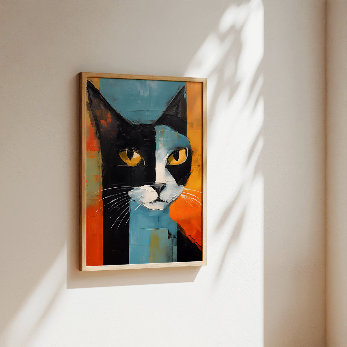 A framed abstract cat portrait painting hanging on a warm beige wall, with sunlight casting leaf shadows across the canvas.