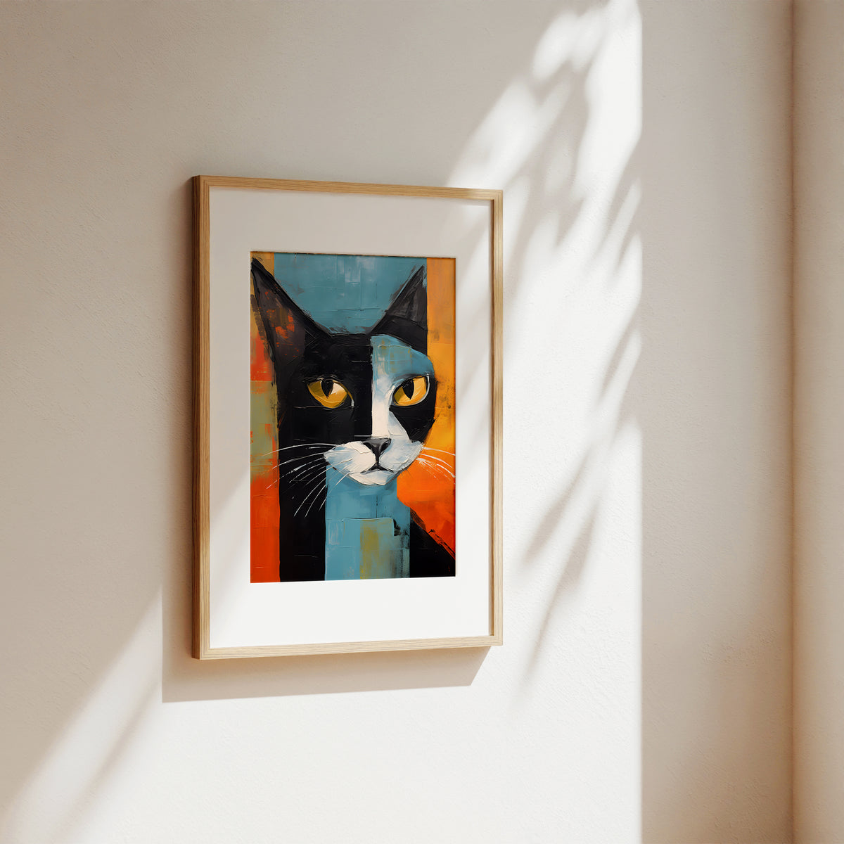 A framed abstract cat portrait painting hangs on a warm beige wall, with soft sunlight and leaf shadows cast across the surface. The artwork features a stylized black, white, blue, and orange cat face with yellow eyes, enclosed in a light wood frame with a white mat.