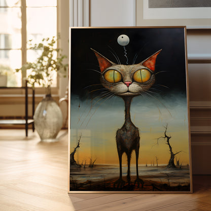 A framed surreal art print leaning against a wall on a wooden floor, showing a tall gray cat with oversized yellow eyes and a small floating moon above its head, set in a softly lit interior with a vase and window in the background.