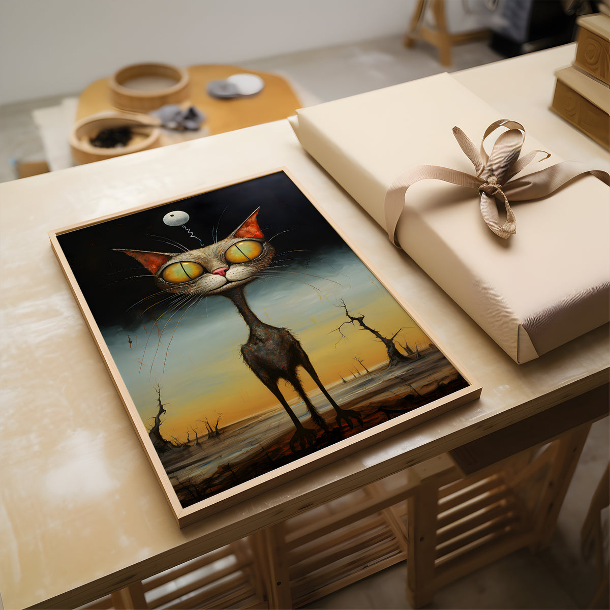 A framed surreal art print featuring a tall, slender cat with oversized yellow eyes standing in a barren landscape, styled on a wooden table next to a wrapped gift box.