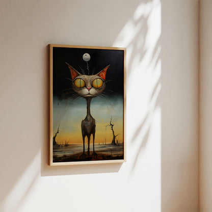 A framed surreal art print of a tall, narrow cat with oversized yellow eyes and a small moon above its head, hanging on a beige wall with soft window shadows.