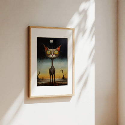A framed surreal art print of a tall cat with yellow goggles and a moon on its head, displayed on a warm beige wall with soft window shadows.