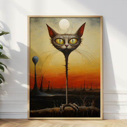 A framed surreal art print leaning against a white wall on a light wood floor, showing a tall gray cat with large yellow eyes and a long neck standing in a dark landscape under a glowing orange sky.