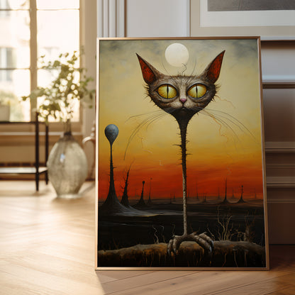 A framed surreal art print leaning against a wall on a wooden floor in a bright room. The artwork shows a large cat head with glowing yellow eyes emerging from a dark landscape under a sunset sky, with a pale moon and tall spire-like forms in the background.