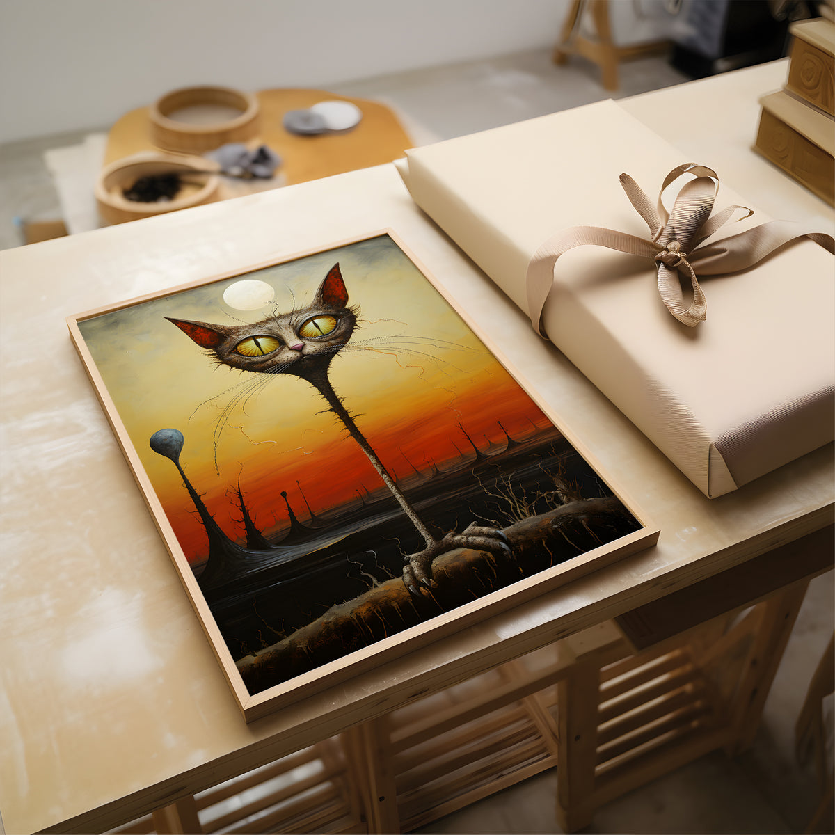 A framed surreal art print featuring a tall, thin cat-like creature with large yellow eyes against an orange sunset, displayed on a wooden table next to a wrapped gift box.