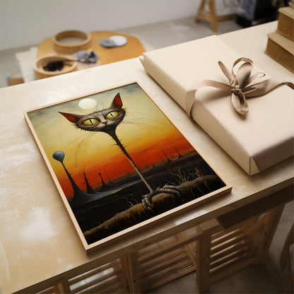 A framed surreal art print featuring a tall, thin cat-like creature with large yellow eyes against an orange sunset, displayed on a wooden table next to a wrapped gift box.