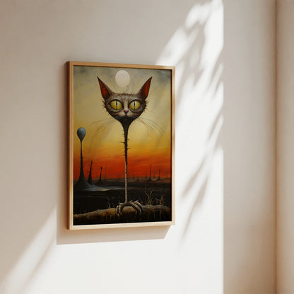 A framed surreal art print hanging on a beige wall, showing a tall cat-like creature with large yellow eyes against an orange and yellow sky.