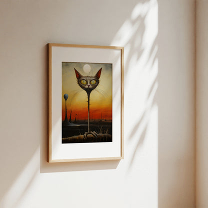 A framed surreal art print hanging on a warm beige wall, featuring a tall spindly cat head with large yellow eyes over a dark landscape at sunset. The print has a white mat and a light natural wood frame, with soft shadow patterns cast across the wall.
