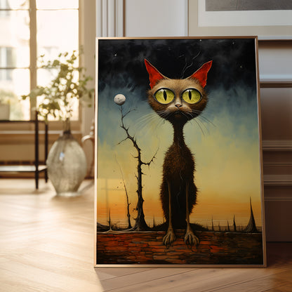 A framed surreal art print depicting a tall brown cat with large green eyes and red ears, standing in a dreamlike landscape at sunset, displayed leaning against a wall in a bright room.