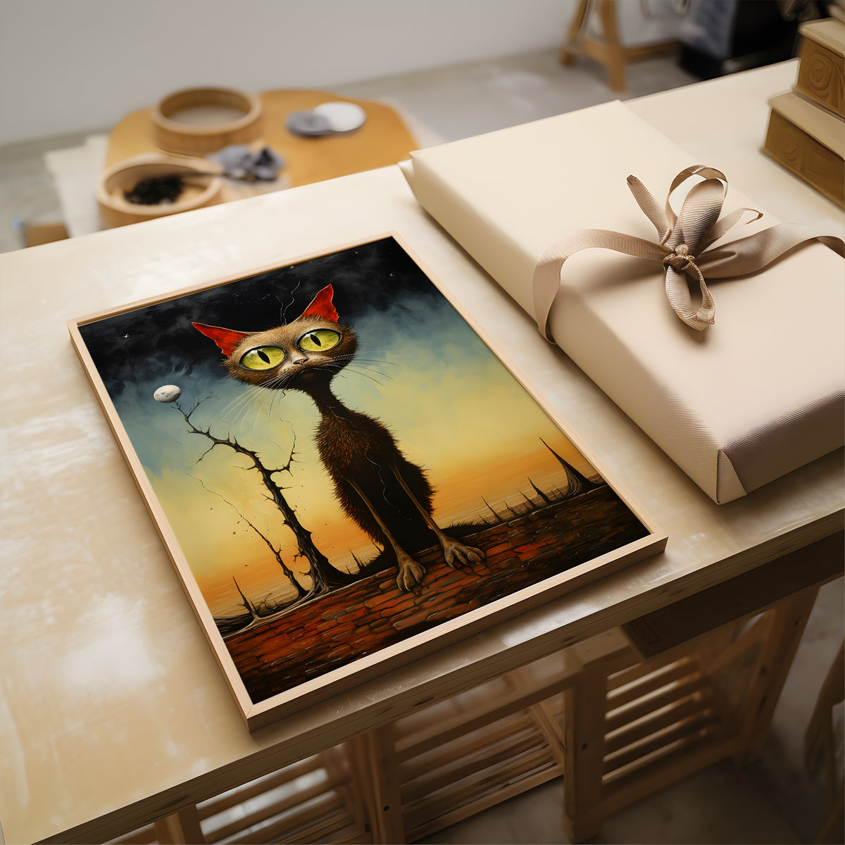 A framed surreal art print featuring a tall black cat with glowing yellow-green eyes and red ears, set on a wooden table next to a wrapped gift box.