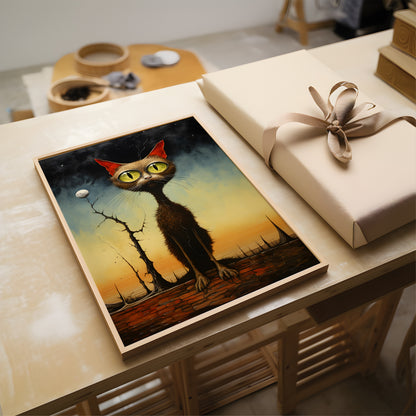 A framed surreal art print featuring a tall black cat with glowing yellow-green eyes and red ears, set on a wooden table next to a wrapped gift box.