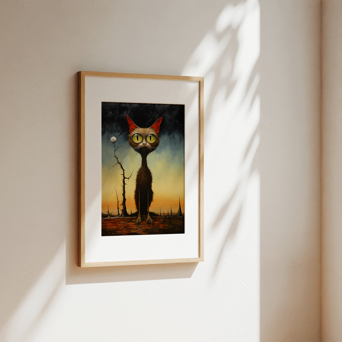 Surreal Black Cat Art Print In Yellow Night  – Art Print Inspired By Artist