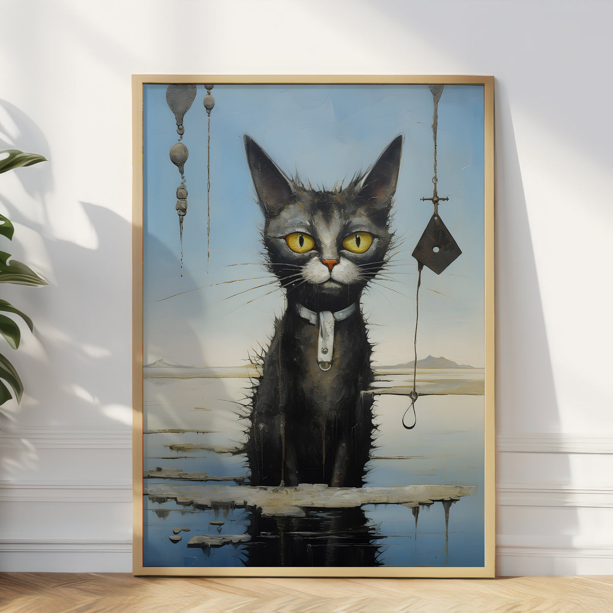 A framed surreal art print of a black cat with yellow eyes sitting in shallow water, leaning against a white wall on a light wood floor next to a green plant.