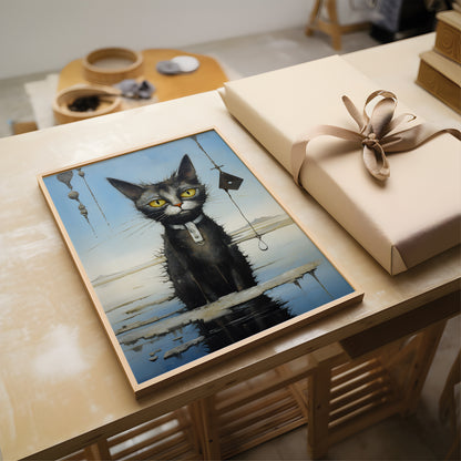 A framed art print depicting a black cat with yellow eyes in a misty blue landscape, styled on a wooden table next to a wrapped gift box.