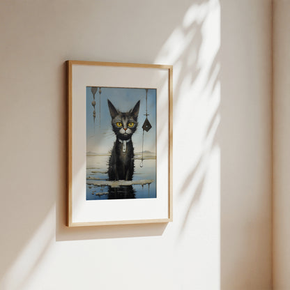 A framed art print featuring a black cat with yellow eyes standing in water, hung on a beige wall with soft sunlight and leaf shadows.