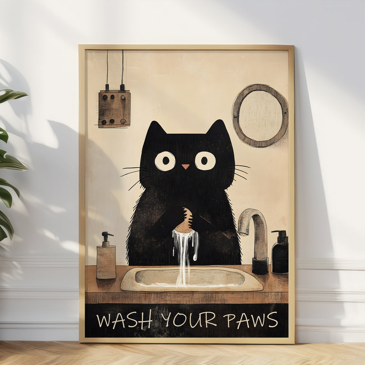 A framed wall art print leaning against a white wall in a room. The artwork shows a black cat standing at a bathroom sink with water running, surrounded by toiletries, with the text 'WASH YOUR PAWS' at the bottom.