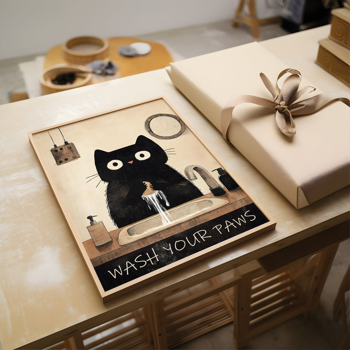A framed art print featuring a black cat washing its paws at a sink, styled on a wooden table next to a wrapped gift box with a beige ribbon.