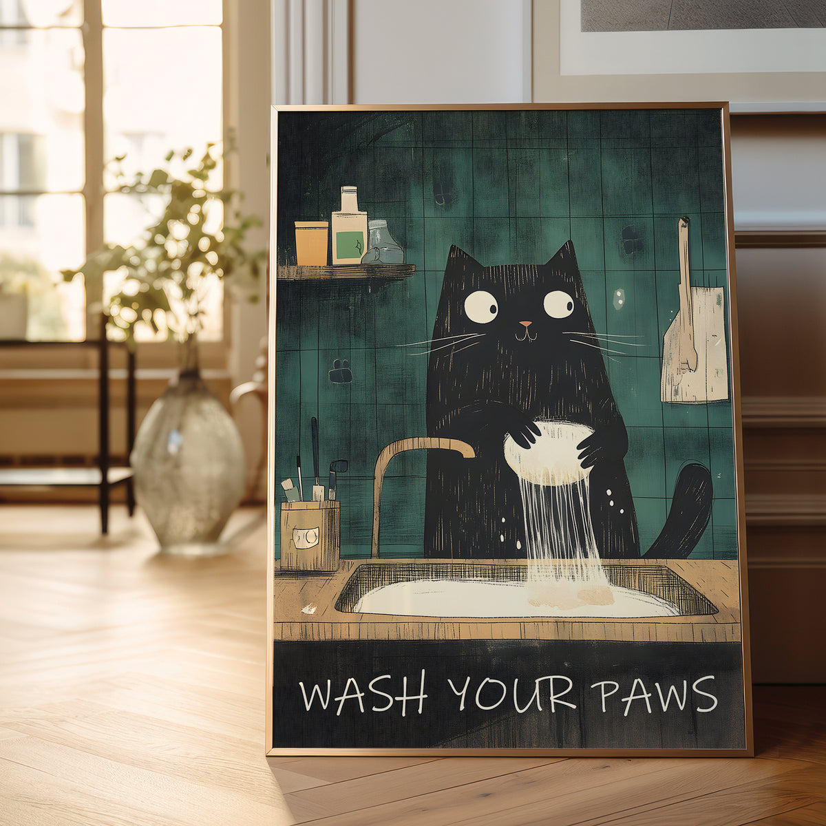 A framed art print leaning against a wooden wall in a bright room. The print shows a black cat washing its paws in a sink with the text 'WASH YOUR PAWS' at the bottom.