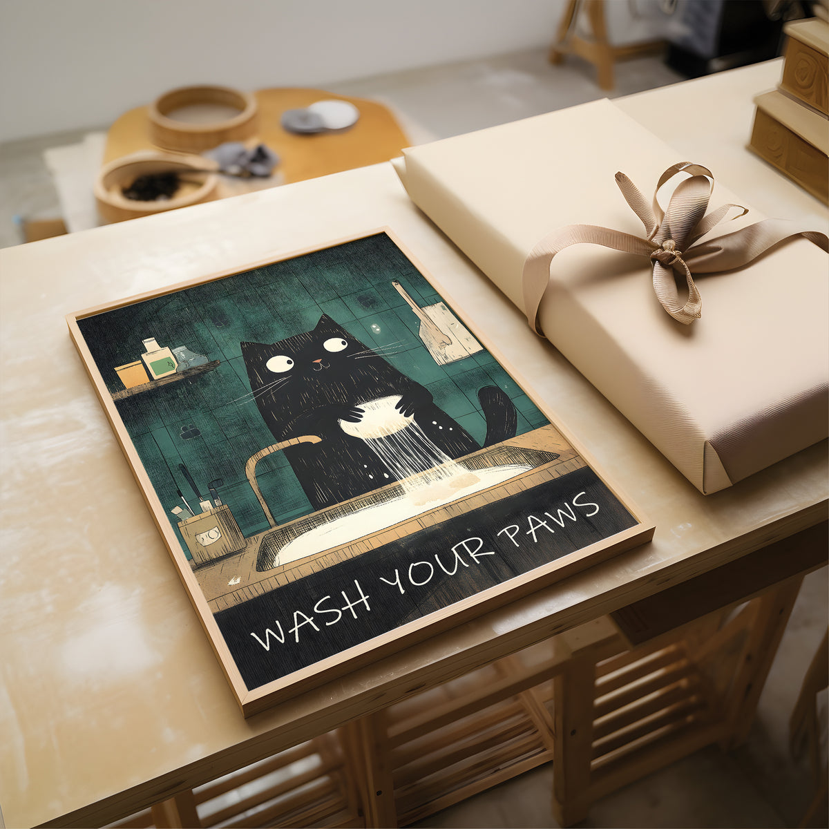 A framed art print featuring a black cat washing its paws in a sink, with the text 'WASH YOUR PAWS' at the bottom, displayed on a wooden table next to a wrapped gift box.
