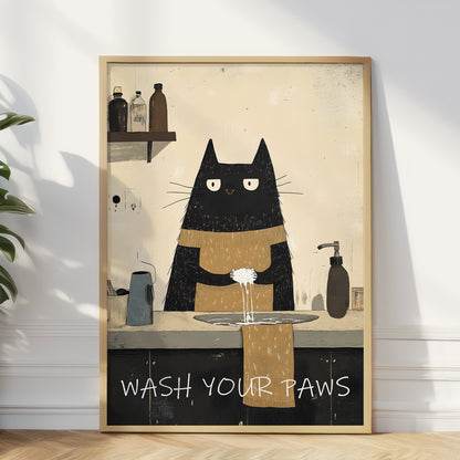 A framed art print leaning against a white wall on a light wood floor. The print shows a black cat with white eyes washing its paws at a sink, with the text 'WASH YOUR PAWS' at the bottom.