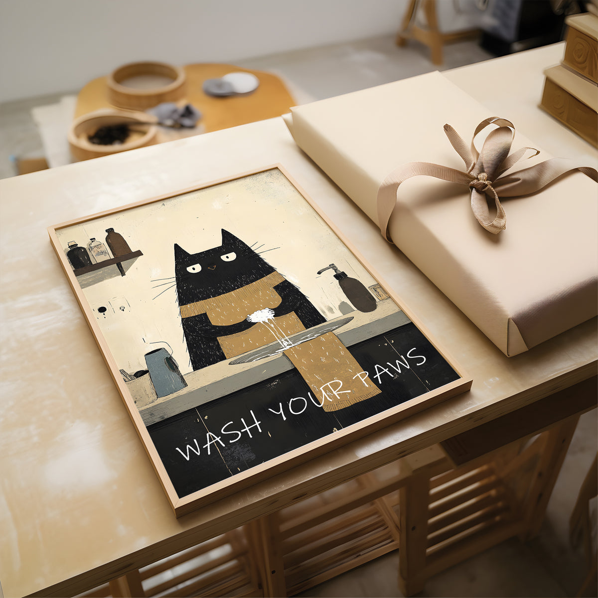 A framed art print featuring a stylized black cat with white paws and the text 'WASH YOUR PAWS' sits on a light wooden table next to a wrapped gift box with a beige ribbon.