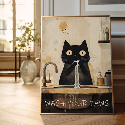 A framed art print featuring a black cat washing its paws at a sink, with the text 'WASH YOUR PAWS' at the bottom, displayed in a bright, modern room.