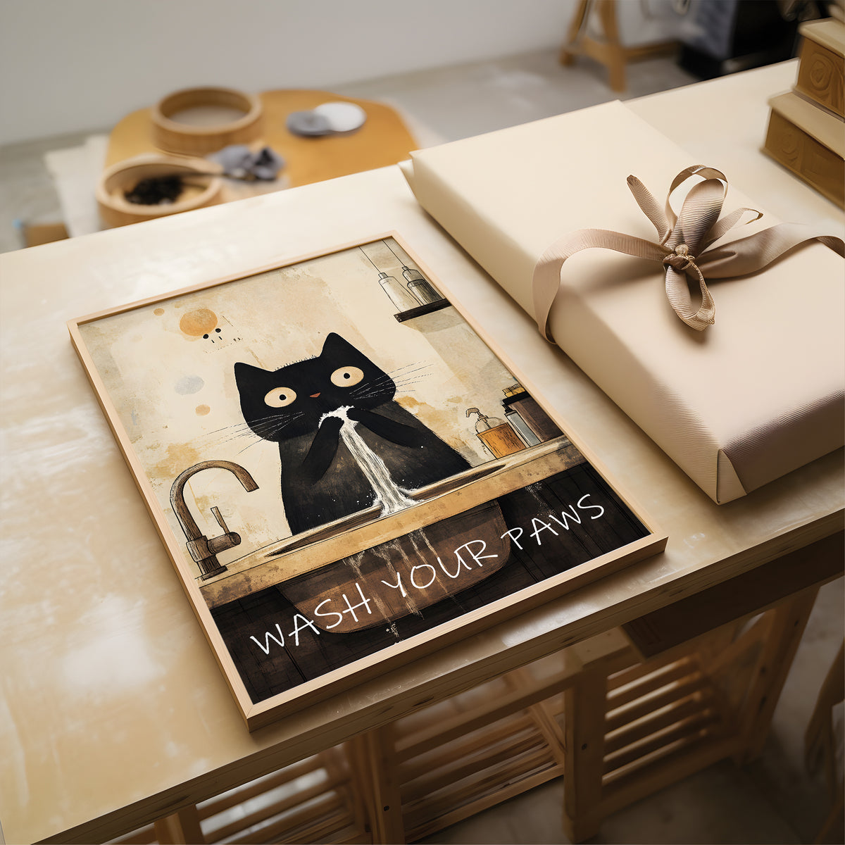 A framed art print featuring a black cat washing its paws with water and the text 'WASH YOUR PAWS' lies on a light wooden table next to a wrapped gift box with a beige ribbon.